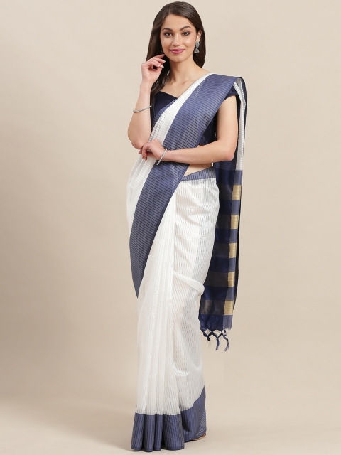 

7Rainbow White & Navy Blue Self-Striped Saree