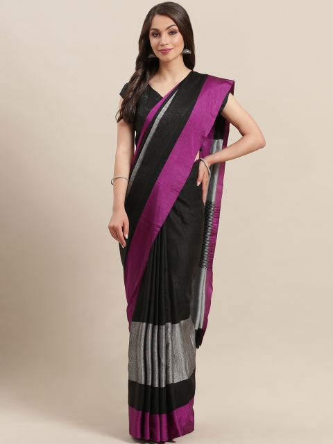 

7Rainbow Black & Purple Colourblocked Taant Saree
