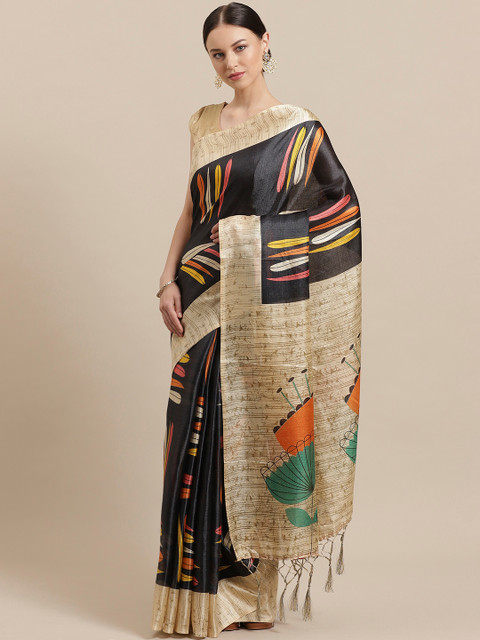 

7Rainbow Black & Beige Digital Print Border Mysore Silk Saree