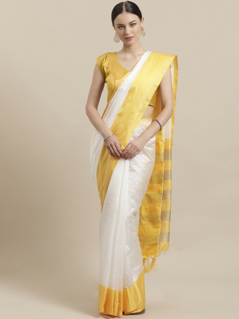 

7Rainbow White & Yellow Self-Striped Saree