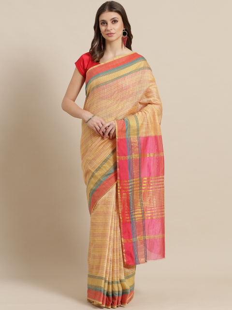 

7Rainbow Beige & Pink Self-Striped Mangalagiri Saree