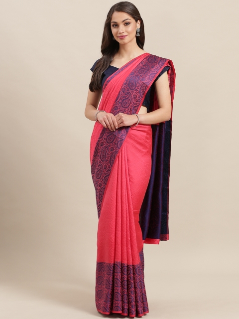 

7Rainbow Coral Pink & Navy Blue Woven Design Baluchari Saree