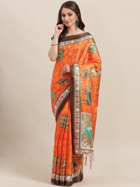 

7Rainbow Orange & Green Digital Print Mysore Silk Saree