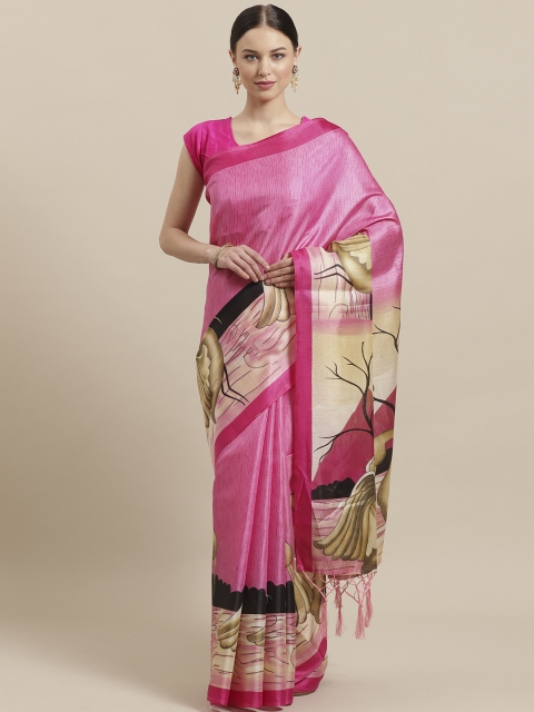 

7Rainbow Pink & Beige Digital Print Border Mysore Silk Saree