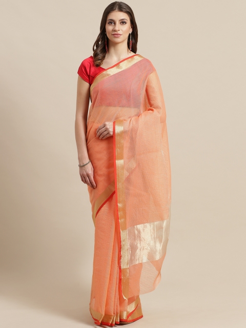 

7Rainbow Orange Self-Striped Super Net Saree