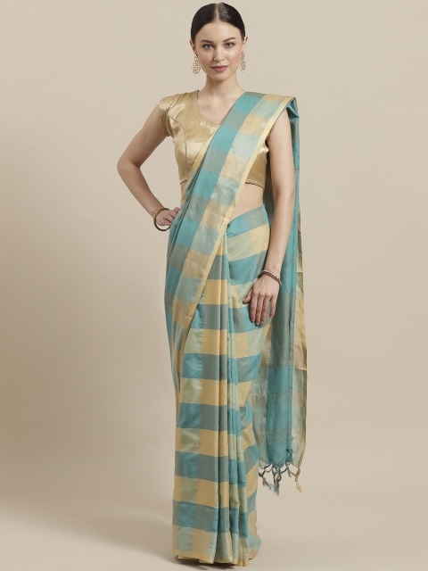 

7Rainbow Teal Green & Beige Checked Saree