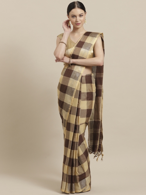 

7Rainbow Coffee Brown & Beige Checked Saree