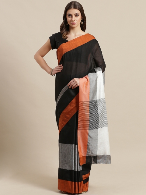 

7Rainbow Black & Off-White Colourblocked Detail Taant Saree