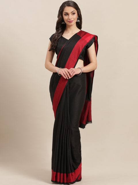 

7Rainbow Black & Red Solid Taant Saree