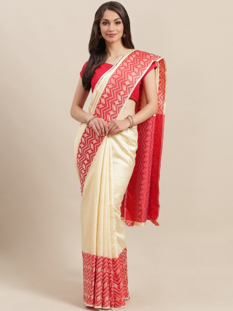 

7Rainbow Beige & Red Woven-Design Baluchari Saree