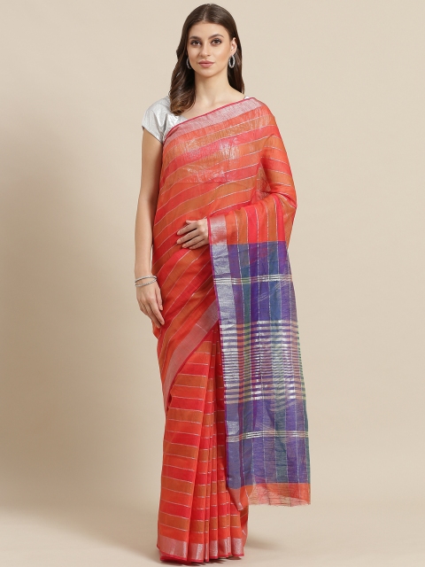 

7Rainbow Red & Orange Zari Striped Mangalagiri Saree