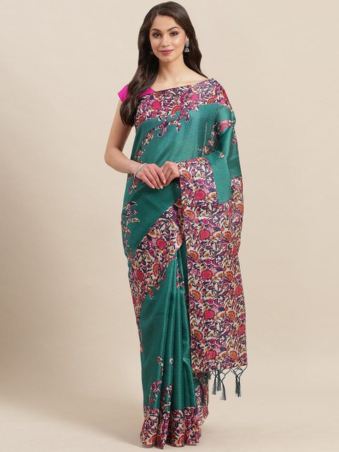 

7Rainbow Teal Green & Pink Printed Saree