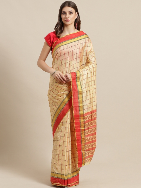 

7Rainbow Beige & Red Checked Kota Saree