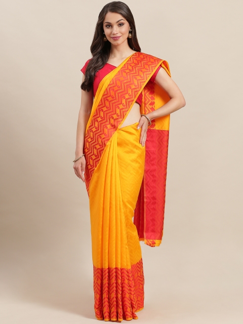 

7Rainbow Yellow & Red Woven Design Baluchari Saree