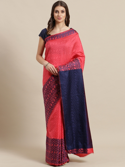 

7Rainbow Coral Pink & Navy Blue Woven Design Baluchari Saree