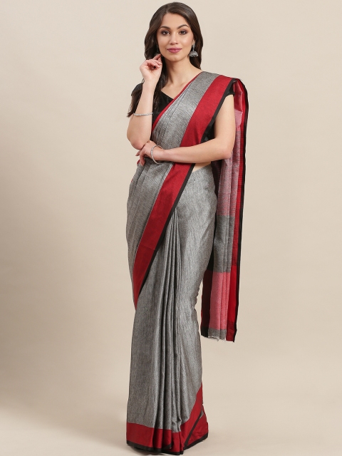 

7Rainbow Charcoal Grey & Red Woven Design Taant Saree