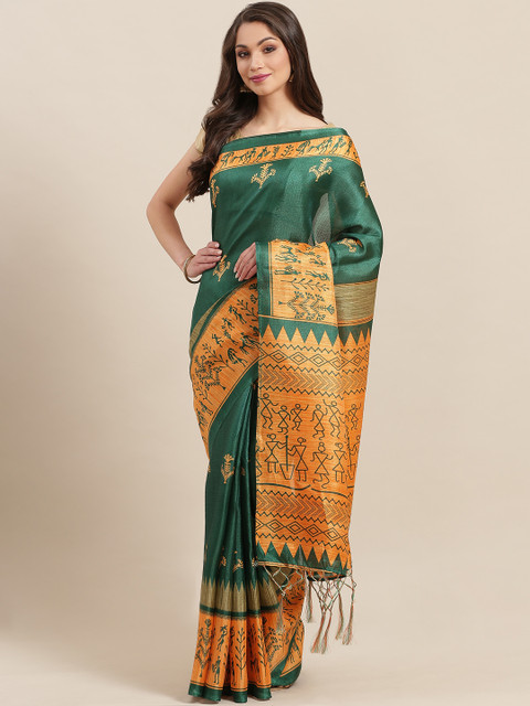 

7Rainbow Green & Orange Digital Print Mysore Silk Saree