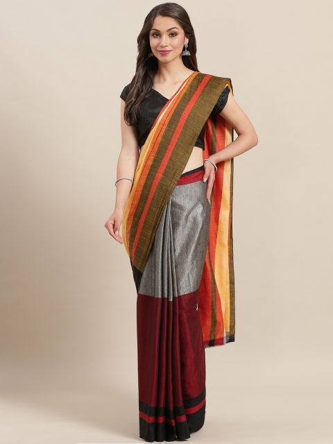 

7Rainbow Grey & Maroon Colourblocked Taant Saree