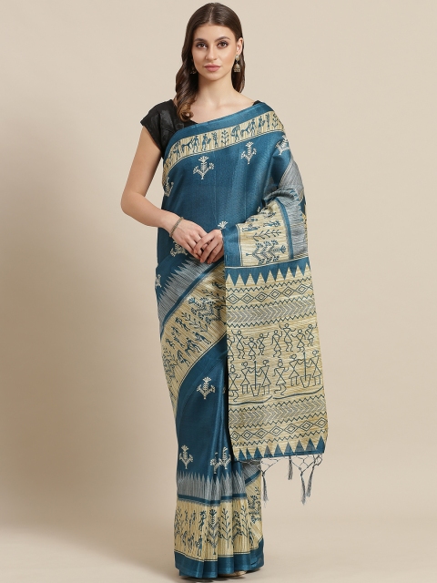 

7Rainbow Teal Blue & Beige Digital Printed Mysore Silk Saree