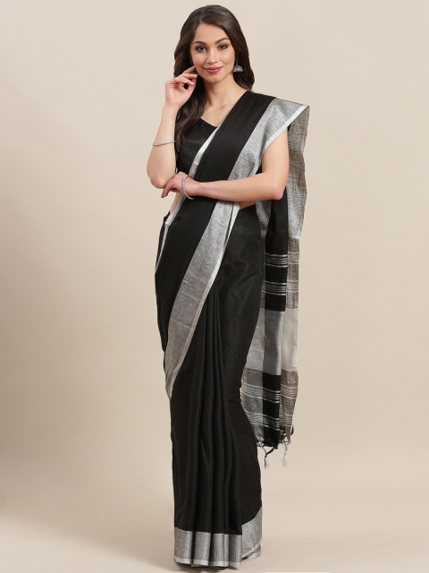 

7Rainbow Black & Silver Solid Taant Saree