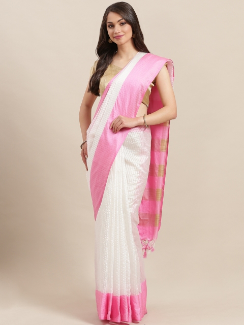 

7Rainbow White & Pink Self Striped Saree