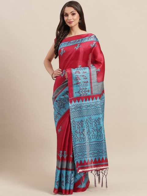 

7Rainbow Maroon & Blue Digital Print Mysore Silk Saree