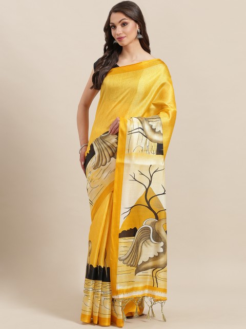 

7Rainbow Yellow & Beige Digital Print Mysore Silk Saree