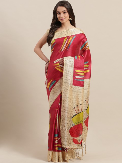 

7Rainbow Red & Beige Digital Print Mysore Silk Saree