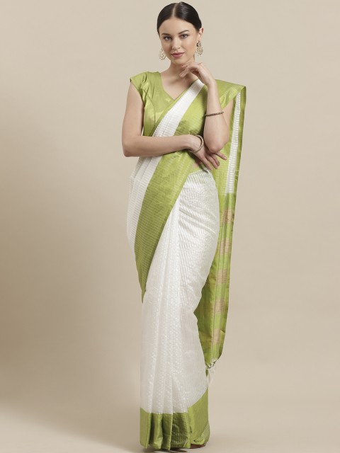 

7Rainbow White & Green Self Striped Saree
