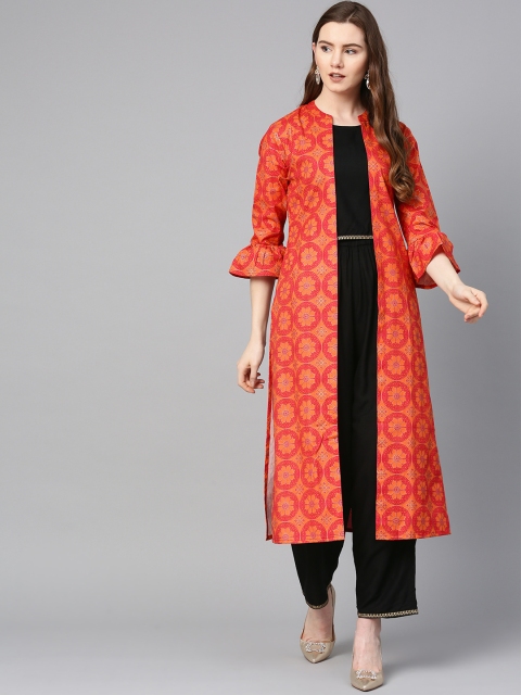 

Sringam Women Orange & Black Solid Top With Palazzos & Ethnic Jacket