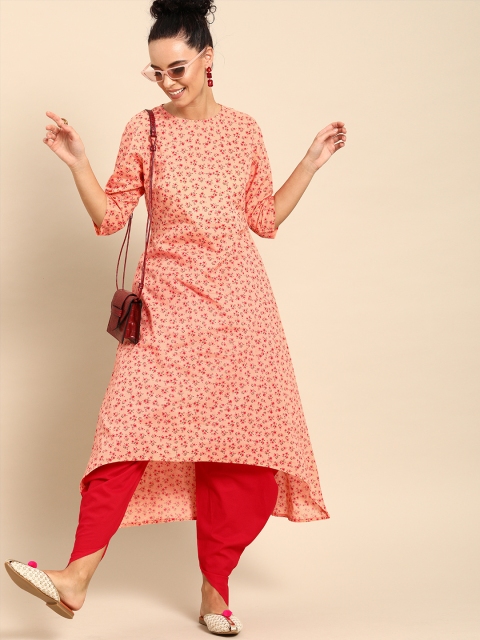 

Nayo Women Peach-Coloured & Red Printed Asymmetric Kurta with Dhoti Pants