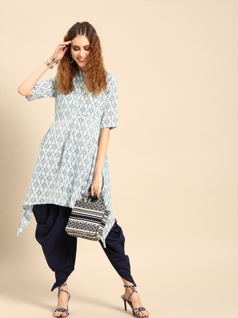 

Nayo Women White & Navy Blue Printed Asymmetric A-line Kurta with Dhoti Pants
