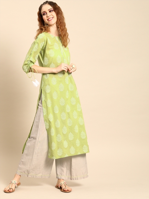 

Nayo Women Green & White Printed Tie-up Detailed Sleeve Straight Kurta