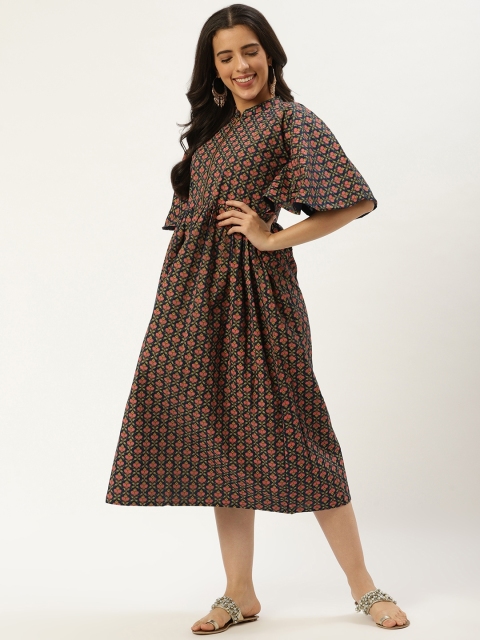 

Nayo Women Navy Blue & Pink Printed A-Line Dress