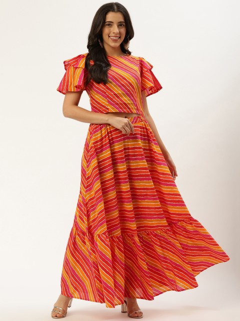 

Nayo Women Pink & Mustard Yellow Leheriya Printed Top with Maxi Skirt
