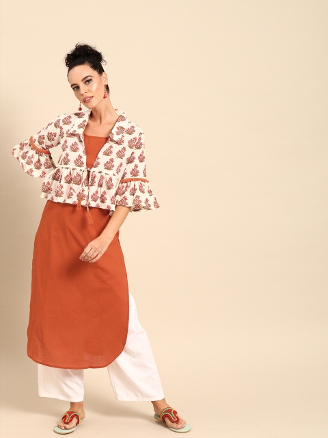 

Nayo Women Rust Orange & Off-White Solid Straight Kurta with Ethnic Jacket