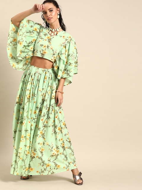 

Nayo Women Green & Yellow Printed Top with Skirt