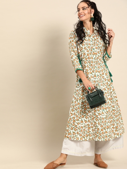

Nayo Women White & Orange Printed A-Line Kurta With Tie-Up Detail