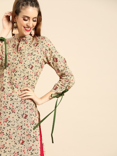 

Nayo Women Beige & Pink Floral Printed Straight Kurta With Tie Up Detail
