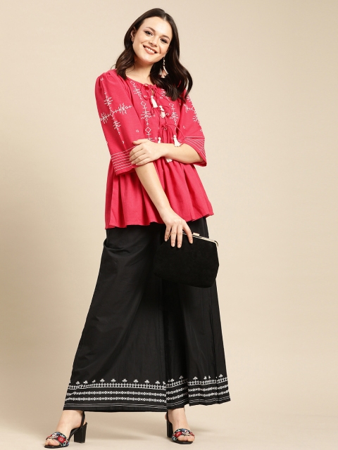 

Nayo Women Pink & White Embroidered Pure Cotton Top With Gathered & Tie-Up Detail