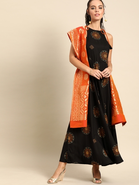 

Nayo Women Black Printed Fit and Flare Dress With Dupatta
