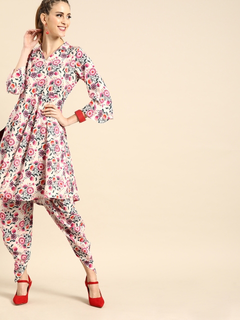 

Nayo Women White & Pink Printed Kurta with Dhoti Pants