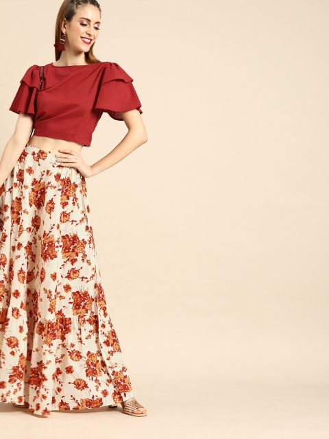 

Nayo Women Off-White & Orange Solid Top with Skirt