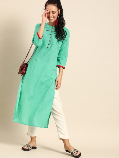 

Nayo Women Green Solid Straight Kurta With Pleated Detail