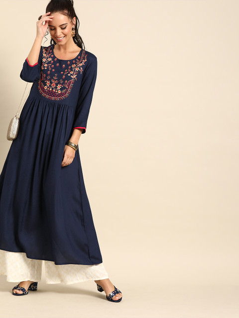 

Nayo Women Navy Blue Yoke Design A-Line Kurta