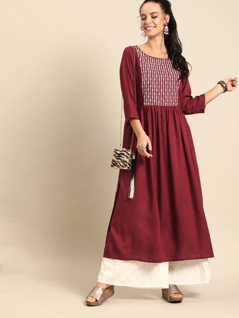 

Nayo Women Maroon Yoke Design A-Line Kurta