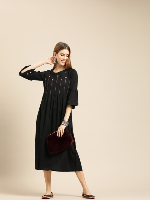 

Nayo Women Black Solid A-Line Dress With Mirror Work Detail