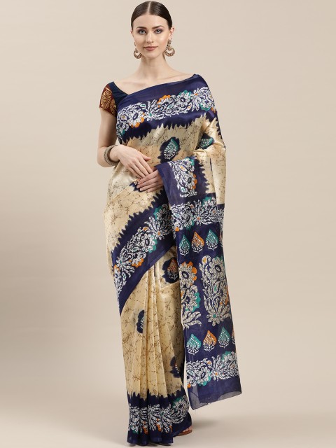 

Chhabra 555 Beige & Navy Blue Digital Kalamkari Print Bhagalpuri Saree