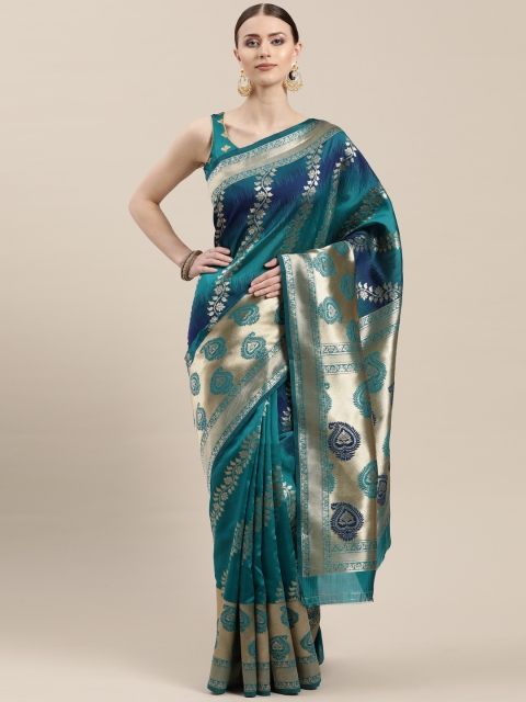 

Chhabra 555 Teal Green & Golden Zari Woven Design Kanjeevaram Saree