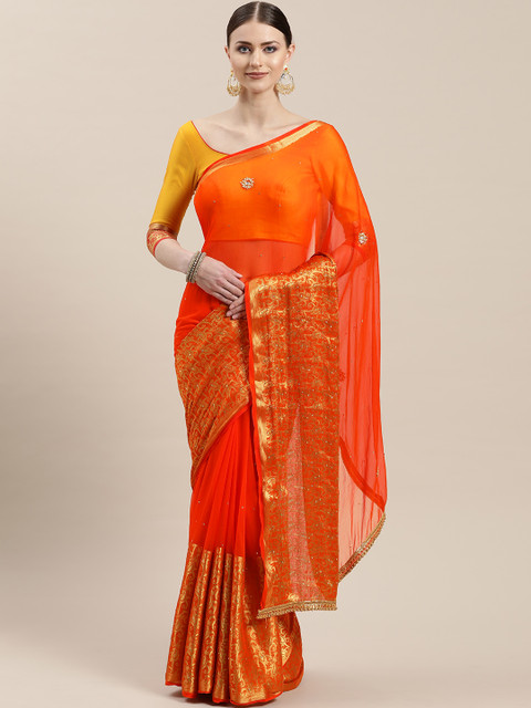

Chhabra 555 Orange & Golden Embellished Saree